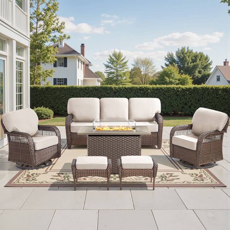 Pocassy Outdoor Fire Table with Swivel Chair Sofa Ottoman Funiture Set. - Brown Wicker Beige Cushion - 6-Piece Sofa Swivel Chair Ottoman w/ Fie Table