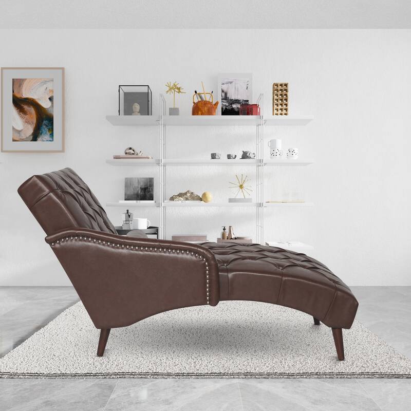 Faux Leather Chaise Lounge Chair with Pillow and Solid Wood Legs, Tufted Upholstered Accent Lounge Chair with Arm