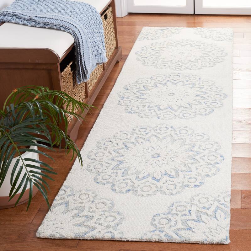 SAFAVIEH Handmade Blossom Oriella Modern Floral Wool Rug - 2'3" x 8' Runner - Ivory/Blue
