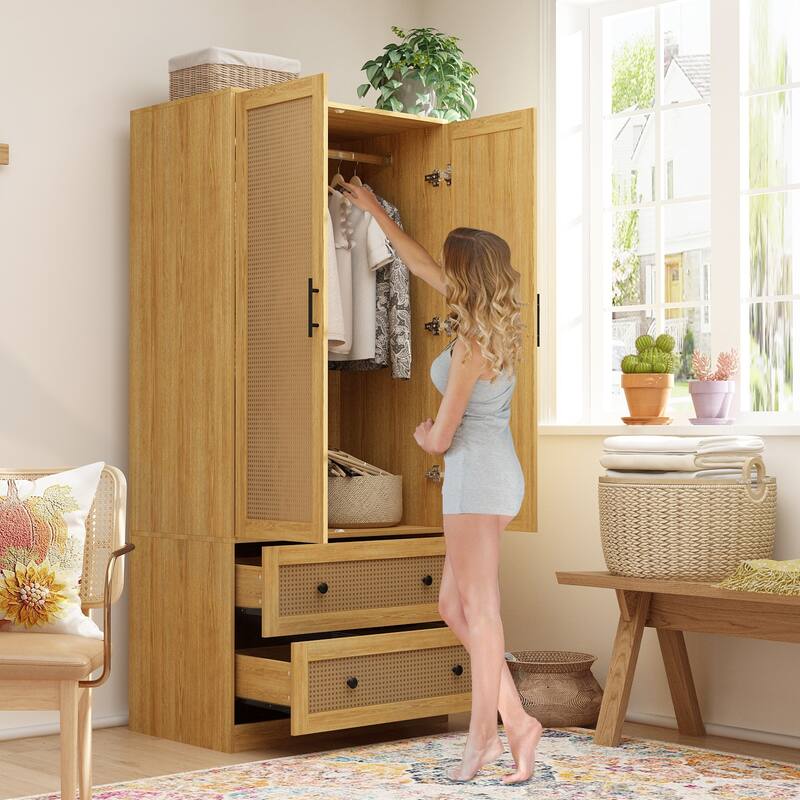 70.9"Wardrobe Closet with Drawers and Hanging Rod Armoires Wood Finish