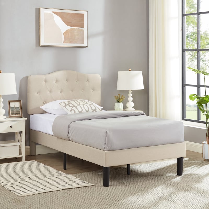 VECELO Modern Upholstered Kids Bed with Height Adjustable Tufted Headboard,Twin Size Bed Set of 2
