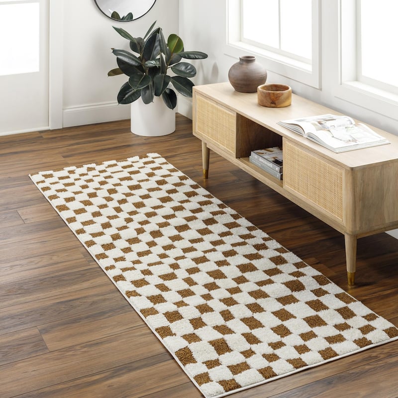 Livabliss Freud Optical Illusion Checkered Area Rug - Burnt Umber/Cream - 2' 7" x 7' 3"