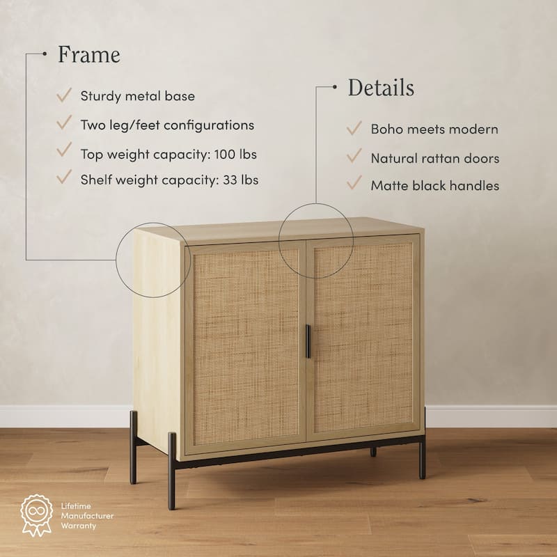 Andrew Bohemian Entryway Storage Cabinet or Kitchen Sideboard Credenza, TV Stand or Rattan Accent Cabinet with Metal Legs