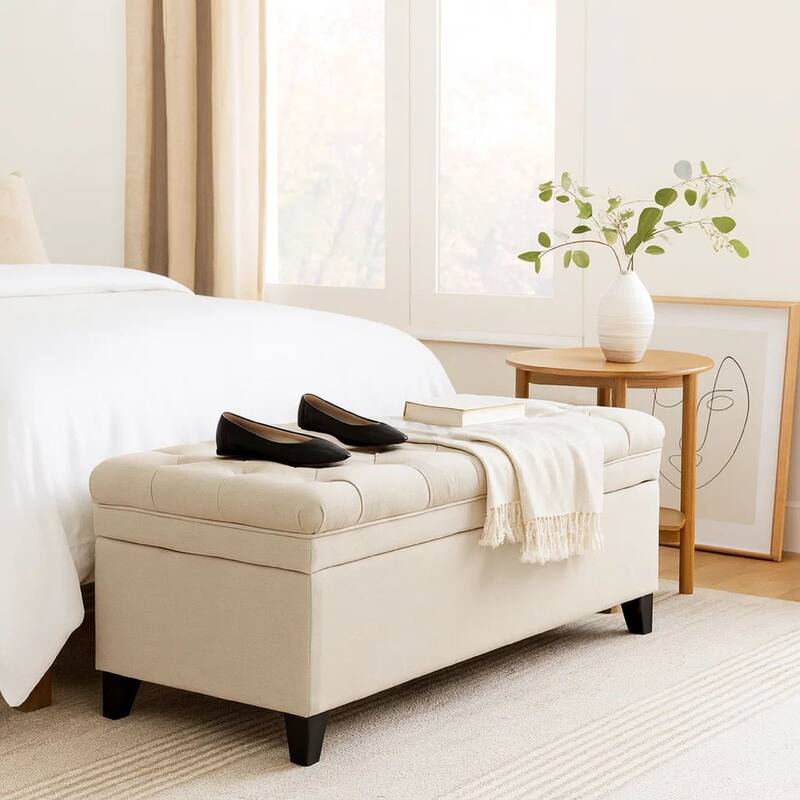 Rhya Storage Bench, 50 Inch Button Tufted Plush Seat, Soft Beige