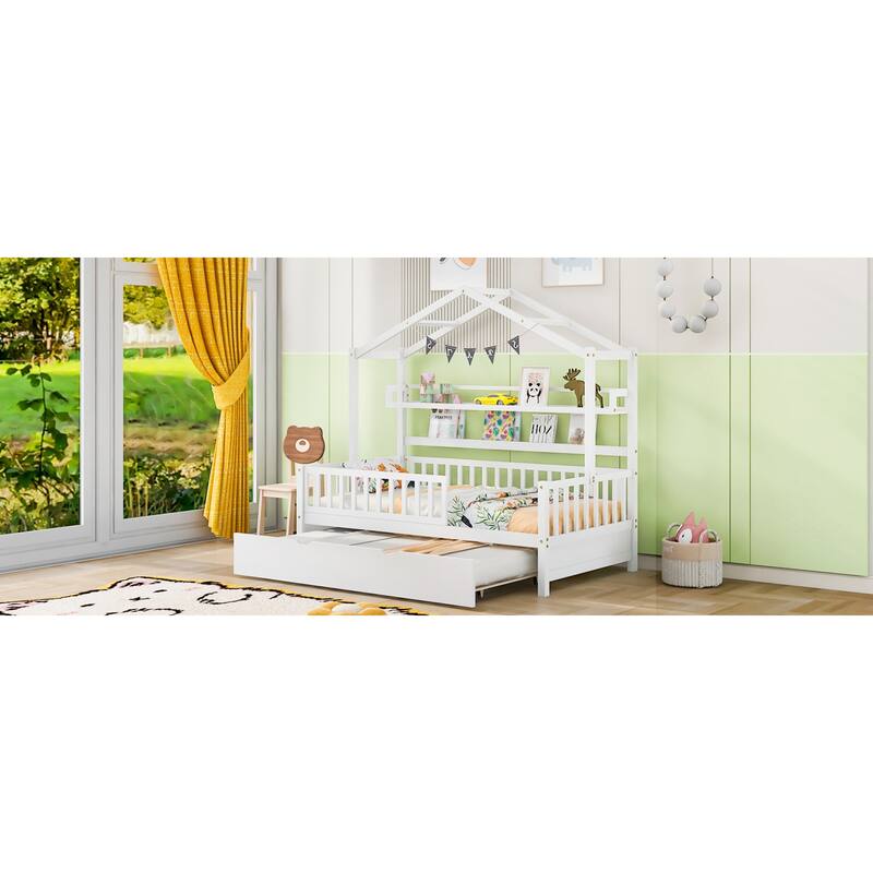 Roomfitters Wooden House Bed with Trundle and Shelf, House Frame Bed for Bedroom, White
