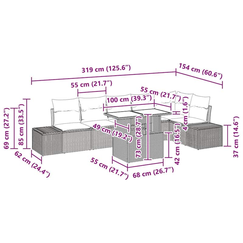 vidaXL 7 Piece Garden Sofa Set with Cushions - 125.6×60.6×27.2