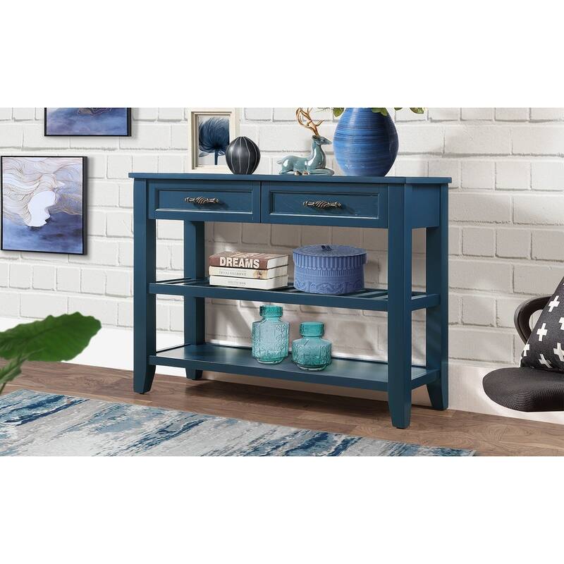 Anmytek Mid Century Modern Console Table Entryway with Drawers Navy Blue Retro Hallway Storage