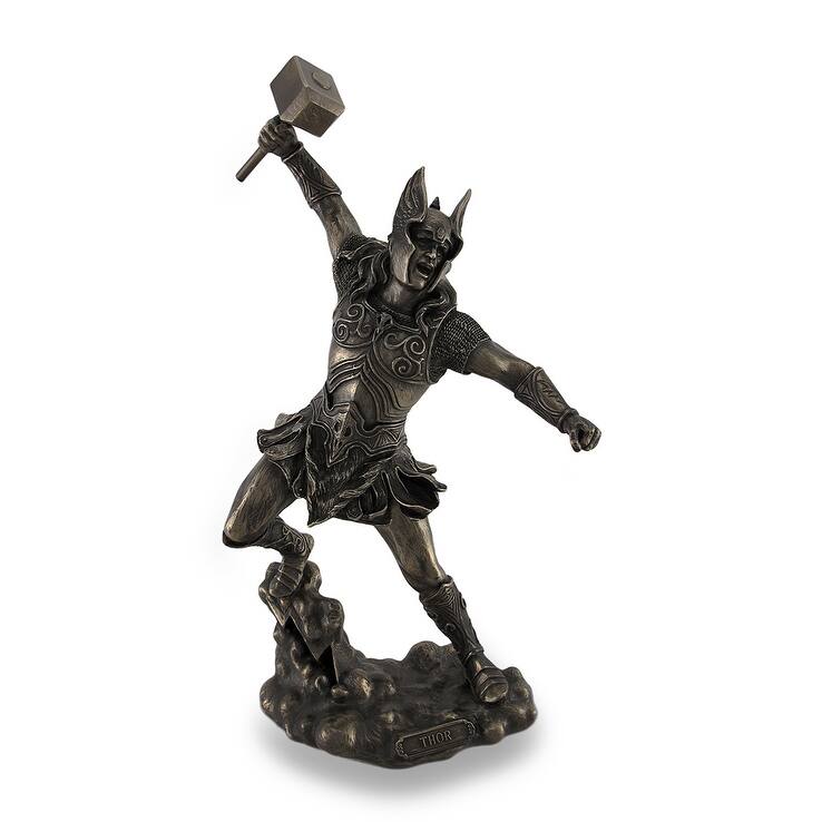 Thor, Norse God Of Thunder, Wielding Hammer Sculptured Bronzed Statue - 12 X 6 X 5 inches