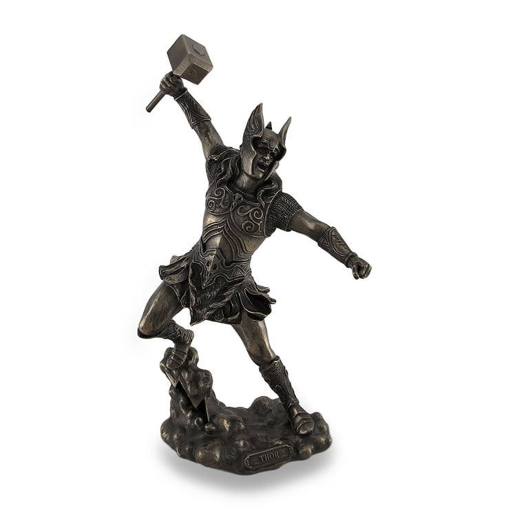 Thor, Norse God Of Thunder, Wielding Hammer Sculptured Bronzed Statue - 12 X 6 X 5 inches