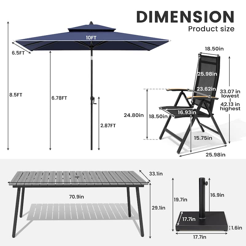 9/11-Piece Outdoor Aluminum Patio Dining Set w/10 ft Umbrella and Base, Rectangle Table and Folding Chairs
