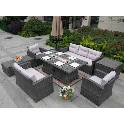 Leavitt 7-Piece Patio Wicker Chat Set with Fire Pit Table and Rain Cover