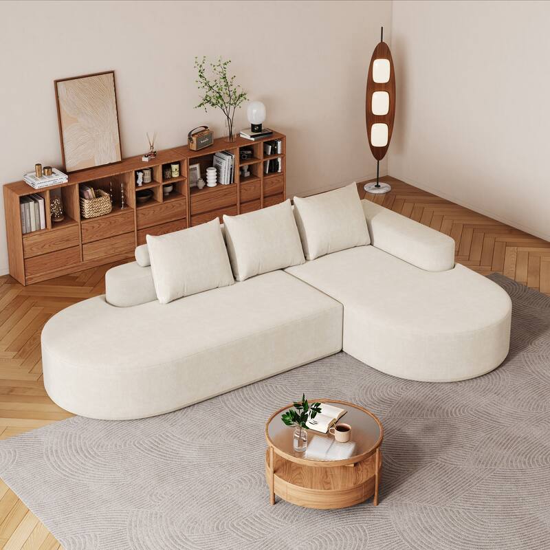 L Shaped Modular Curved Sectional Sofa, Chenille Upholstered 3 Seat Sofa, Corner Sofa with 3 Pillows for Living Room, Bedroom