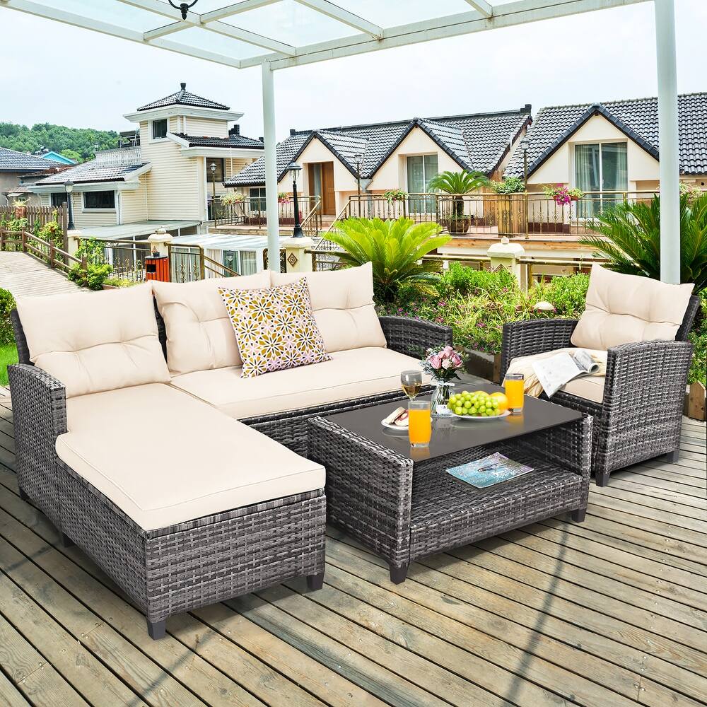Costway 4PCS Patio Rattan Furniture Set Sofa Ottoman Cushion Garden - See Details