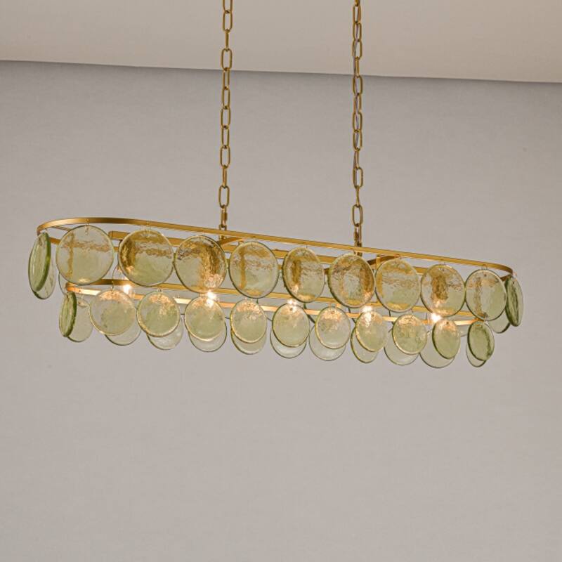 39.76" Modern Dimmable Linear Large Glass Chandelier with Circular Textured Green Glass Shade - W39.8"