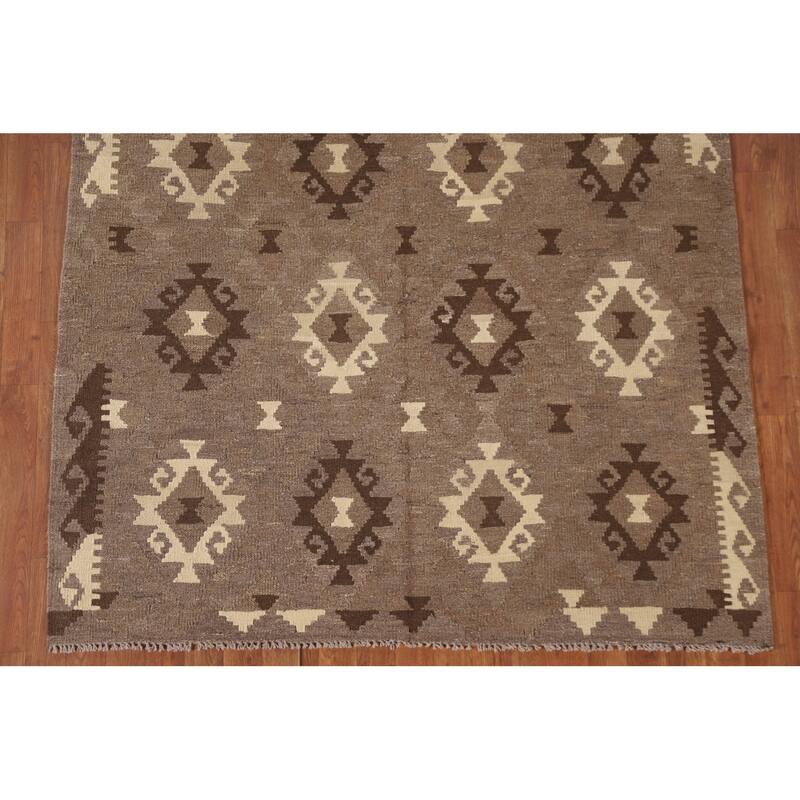 Hand Woven Oriental 100% Wool Carpet Southwestern Geometric Brown Kilim Area Rug - 6' 5'' X 5' 2''
