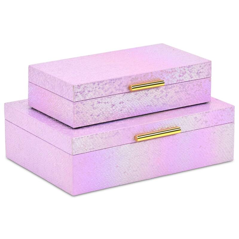 Nimue Set of 2 Rectangular Decorative Storage Boxes - Prismatic Fish Scale Pattern with Gold Hardware