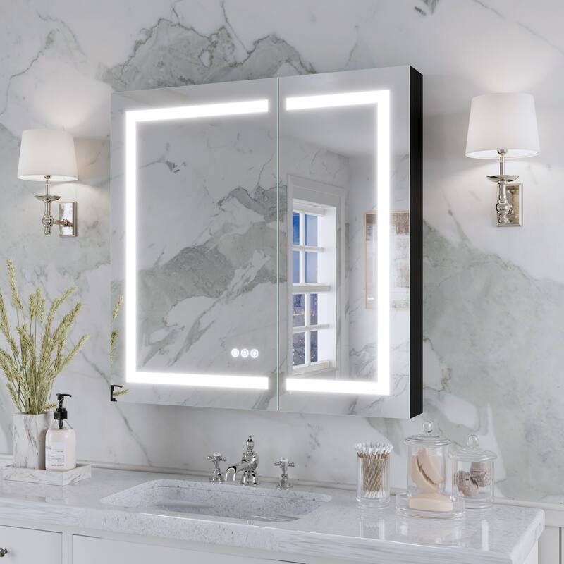 Rectangular Aluminum Recessed/Surface Mount Frameless Anti-Fog Medicine Cabinet with Dimmable LED Lights