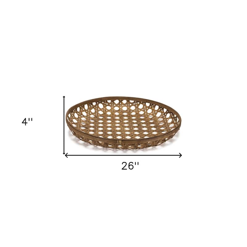 HomeRoots 26" Brown Bamboo Weave Round Wood Tray