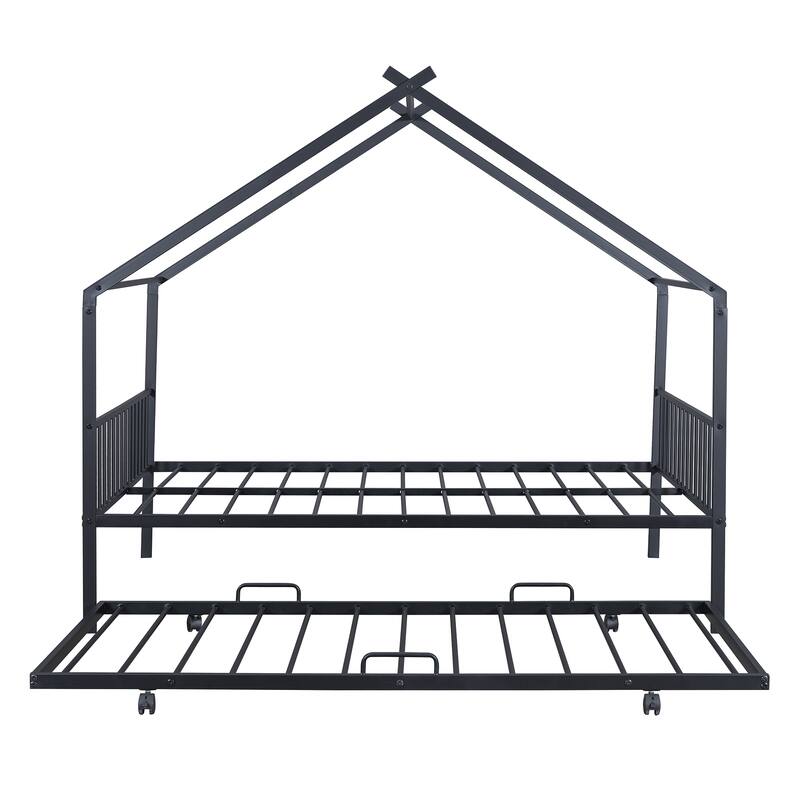 Full Size Metal House Bed with Twin Size Trundle