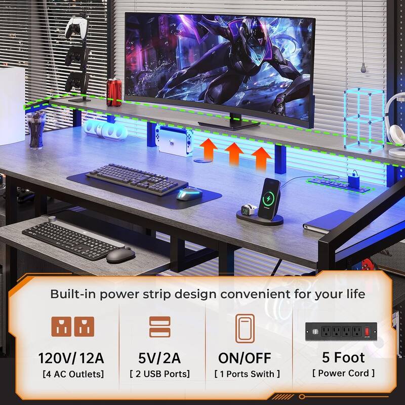 LED Computer Desk With Lock Drawers Keyboard Tray Power Outlet