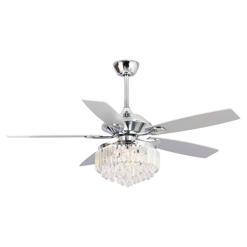 52 in. Chrome Downrod Mount Crystal Chandelier Ceiling Fan with Light and Remote Control - 52 in. W X 52 in. D X 20.5 in. H