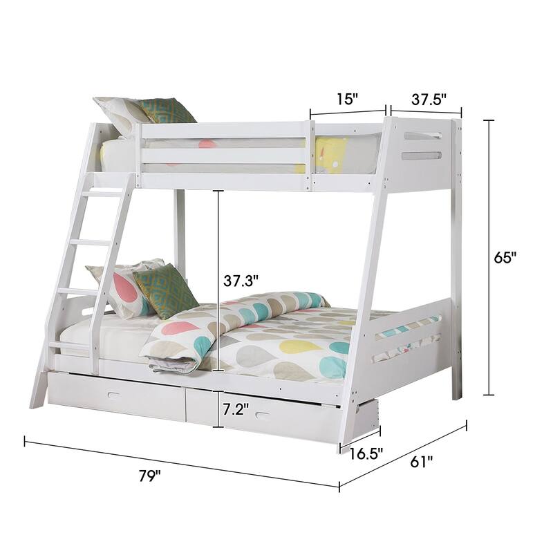 White Twin over Twin/ Full Bunk Bed with Underbed Drawers