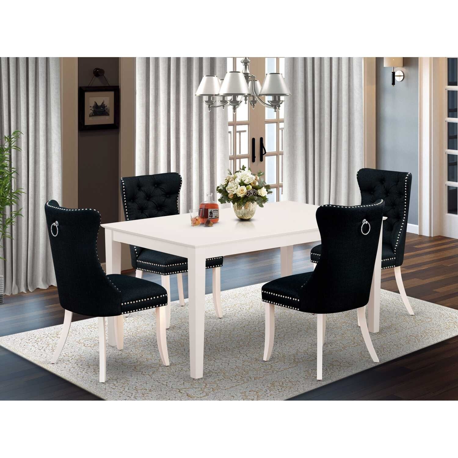5-Piece Rectangular Linen White Finish Solid Wood Top-Upholstered Dining Room Set-Seats 4