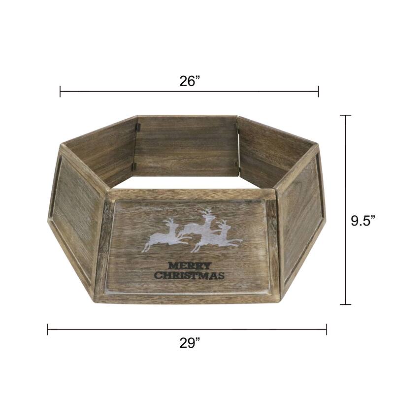 Merry Christmas Reindeer Wooden Hexagon Tree Collar - 32" - Brown