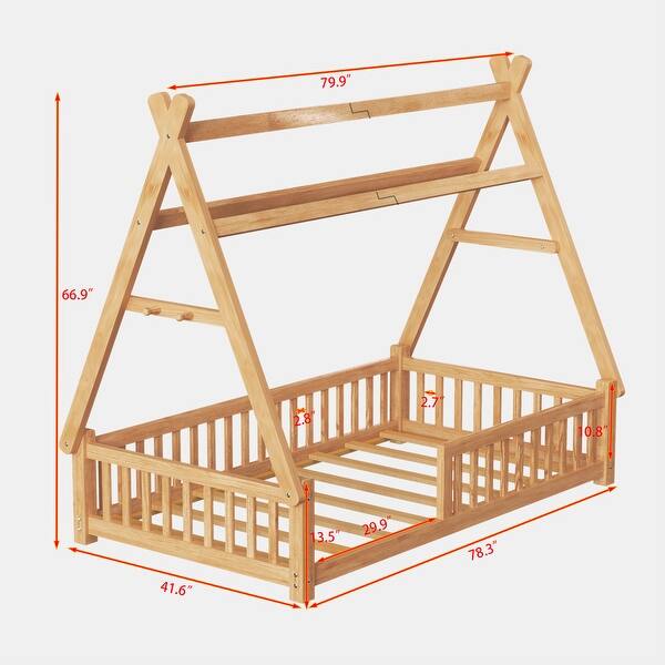 dimension image slide 0 of 2, Twin Size House Tent Bed Guardrail, Kids House Bed with Fence and Roof