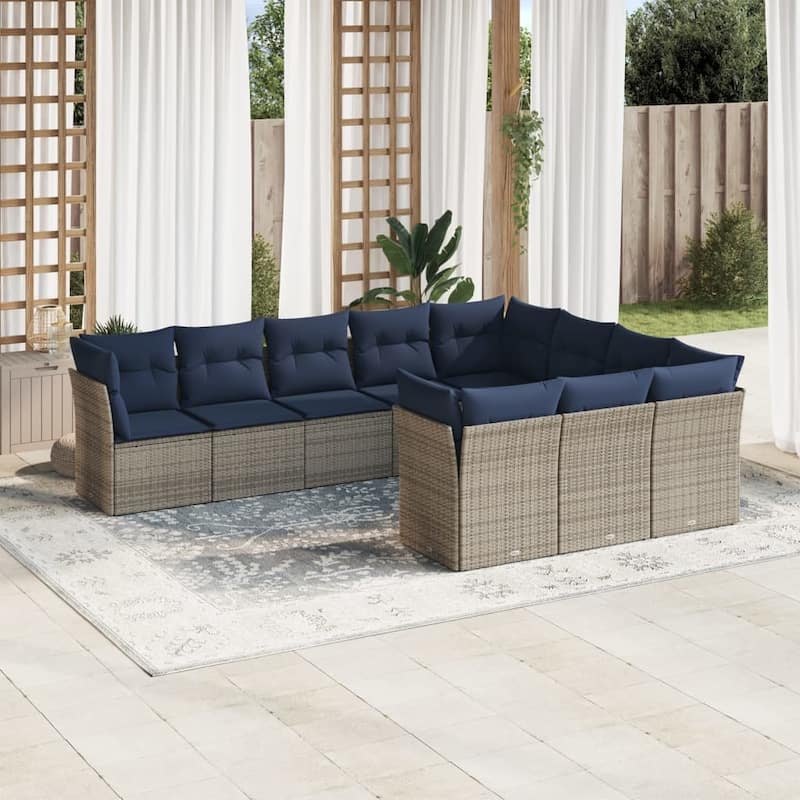 vidaXL 10/11 Piece Patio Sofa Set with Cushions Brown/Gray Poly Rattan - 21.7 x 24.4 x 27.2 - Beige and gray Without table
