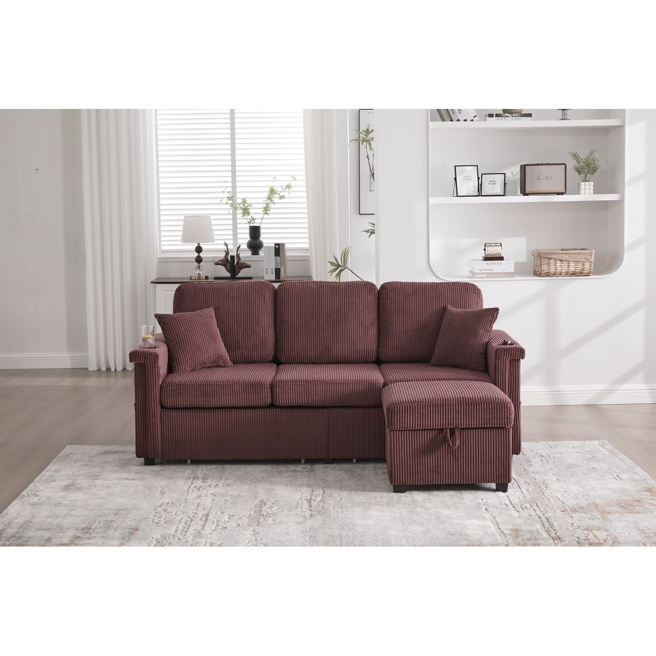 L-Shaped Sectional Sofa with Pull-Out Storage,Ottoman & Pillows 3-Seat with USB Charging,Cup Holder, Convertible Design
