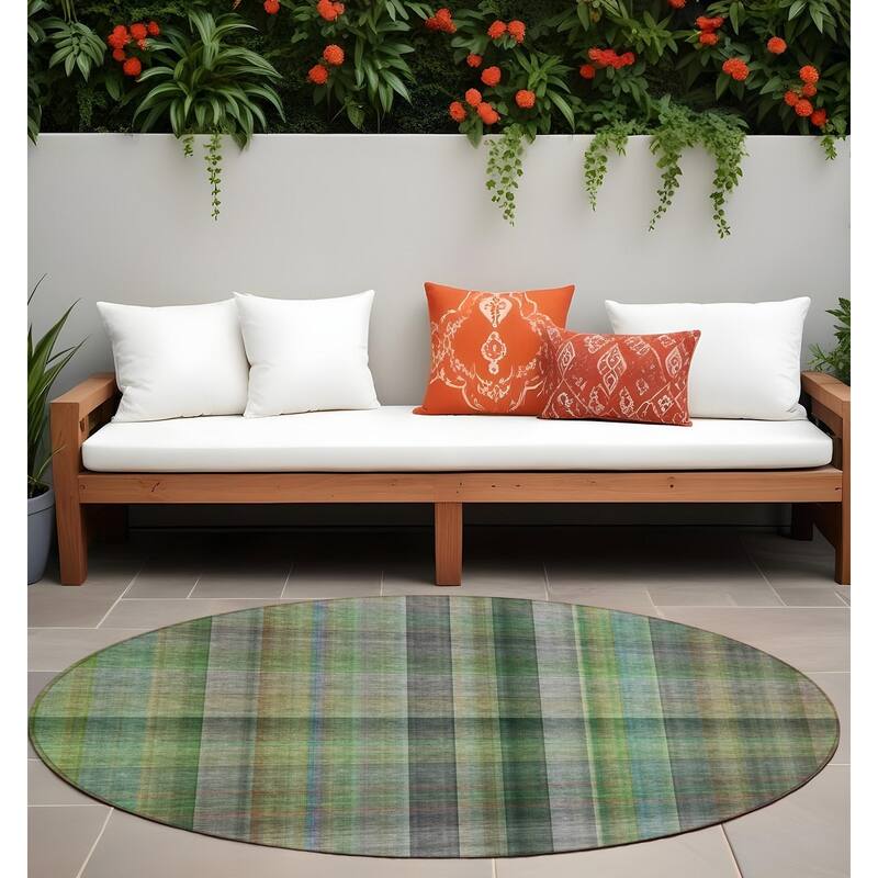Alloro Plaid Weather Resistant Blended Style Outdoor Rug - 8' Round - Green