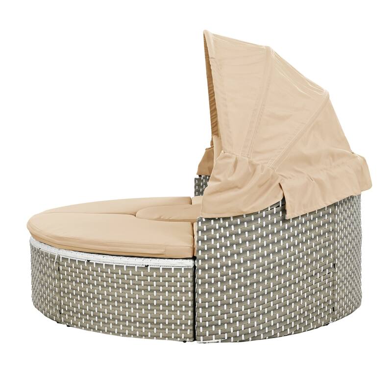 4-Pieces Outdoor Patio Rattan Round Daybed Sunbed with Retractable Canopy and Table