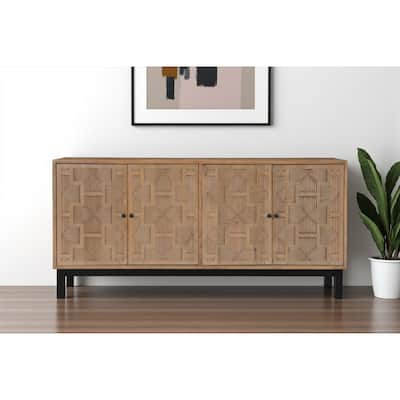 HomeRoots 80" Brown Solid Wood Carved Geometric Sideboard with Four Doors - 80.00 in. x 38.00 in. x 16.00 in.