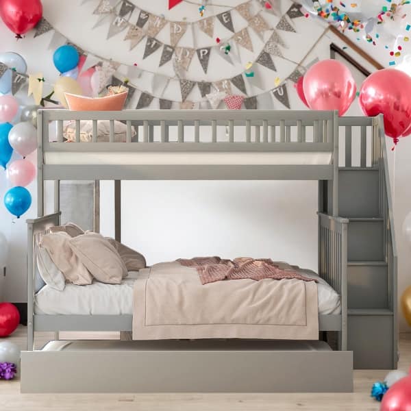 slide 2 of 26, Twin Over Full Bunk Bed With Trundle And Staircase for Bedroom Grey