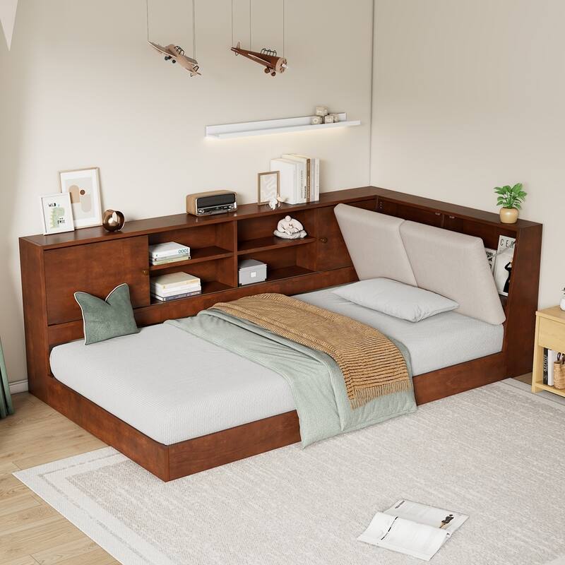 Wooden Twin Size L-shaped Daybed with Storage Bookcase