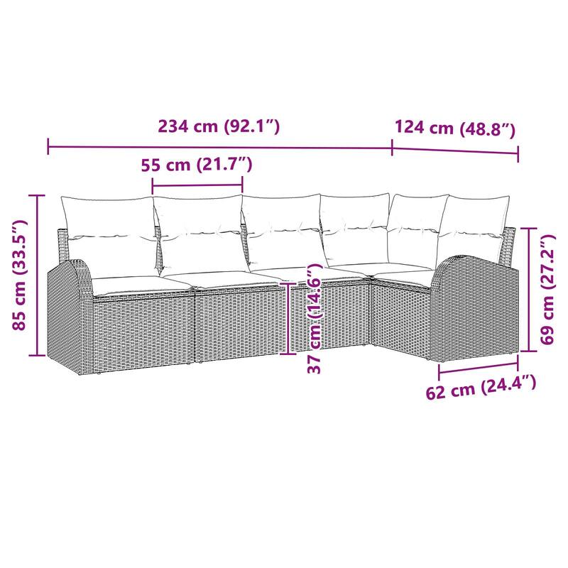 vidaXL 5/6 Garden Sofa Set with Cushions Black/Brown/Grey Poly Rattan - 92.1 x 48.8 x 27.2
