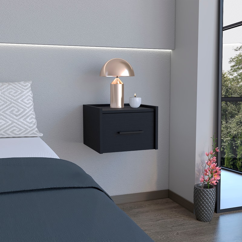 Black Modern Floating Nightstand, Space-Saving Design with Convenient Drawer and Black pull Handle. - Black