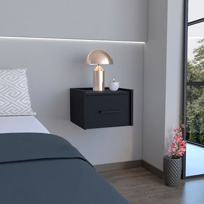 Black Modern Floating Nightstand, Space-Saving Design with Convenient Drawer and Black pull Handle.