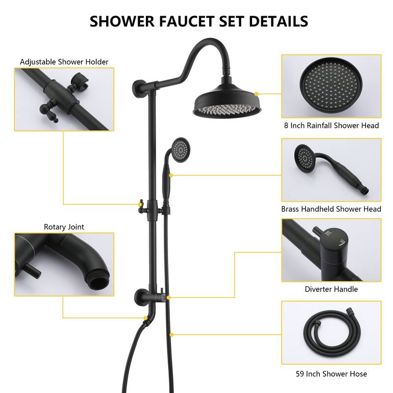 CASAINC Exposed Pipe Shower System with 8-In Rainfall Shower Head and Handheld Shower