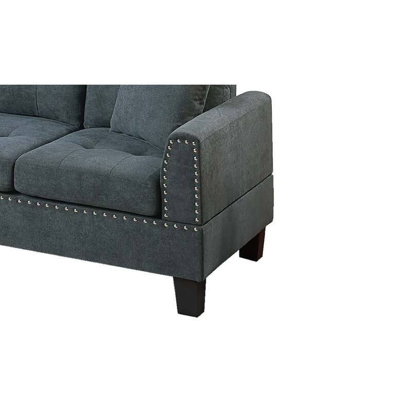 Dema 2pc Sectional Sofa Set, Chaise, 2 Pillows, Textured Black Velvet