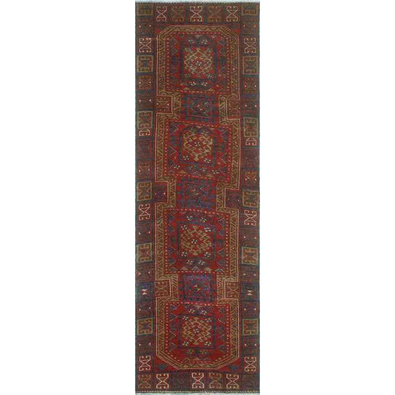 Fine Vintage Distressed Clarke Red/Navy Runner - 3'2" x 10'4"