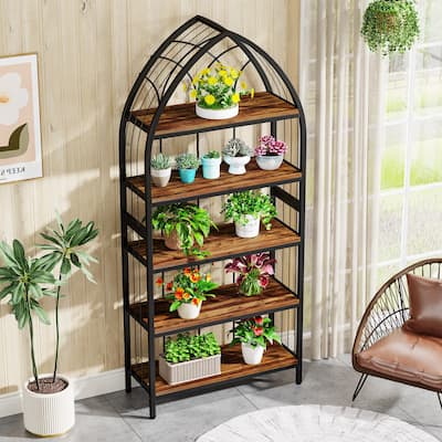Artistic 5-Tier Plant Stand with Unique Ship Bow Design for Indoor Garden, Wood and Metal Flower Potted Display Shelf Rack