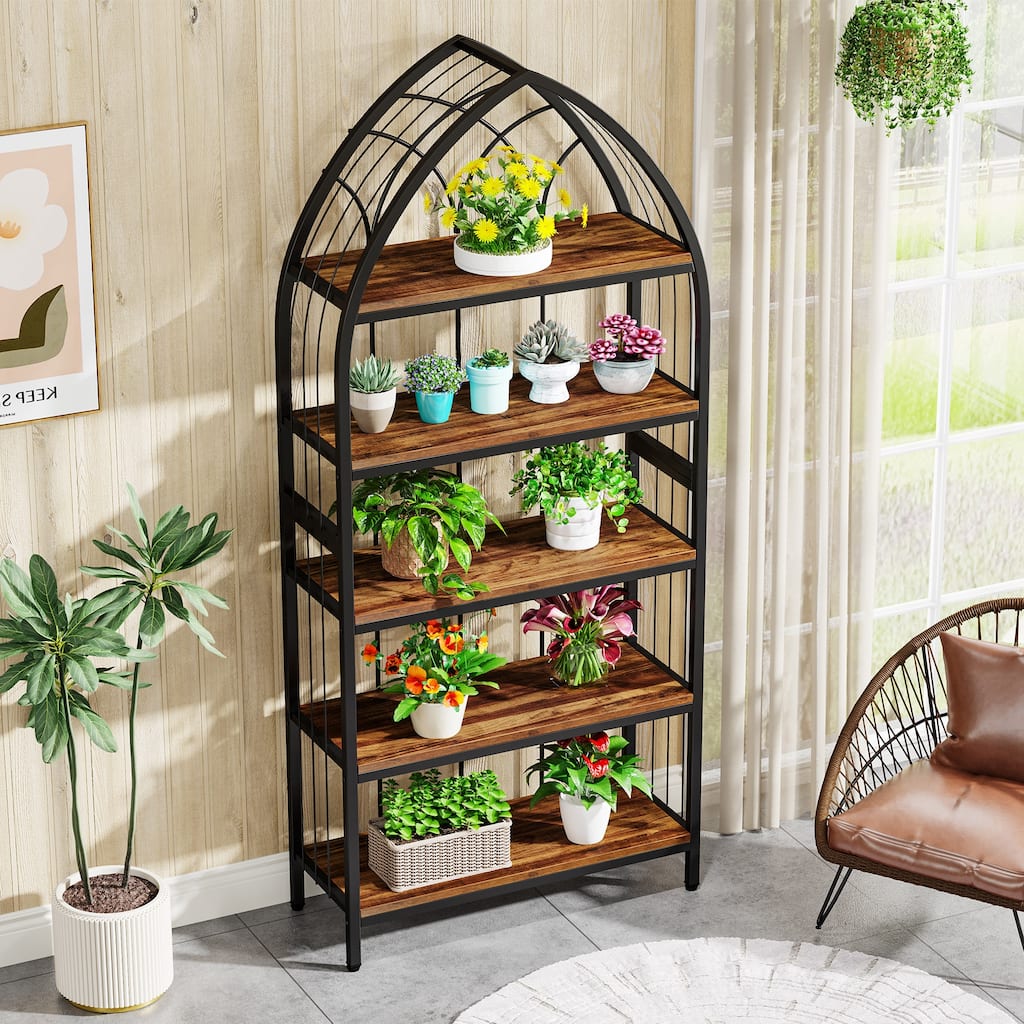 Artistic 5-Tier Plant Stand with Unique Ship Bow Design for Indoor Garden, Wood and Metal Flower Potted Display Shelf Rack