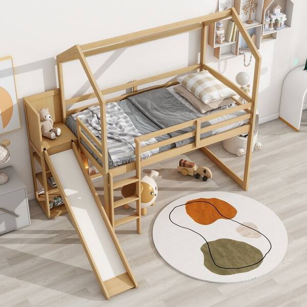 slide 2 of 29, Twin Wood House Loft Bed with Slide and Storage Shelves, Natural Natural