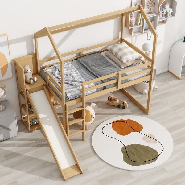 slide 2 of 14, Wooden Twin Loft Bed with Slide, Storage Shelves, and Climbing Ramp - Fun and Functional Wood - Twin