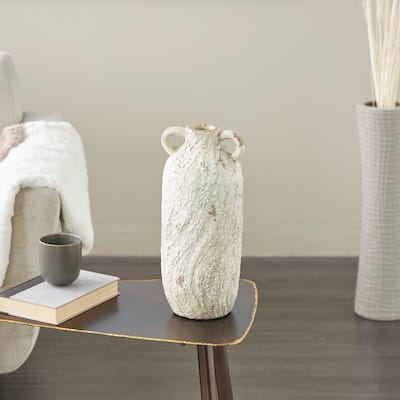 Cream Magnesium Oxide Antique Textured Amphora Vase with Brown Distressing