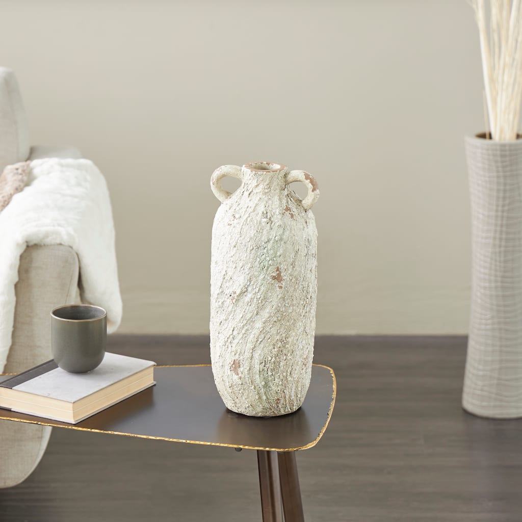 Cream Magnesium Oxide Antique Textured Amphora Vase with Brown Distressing