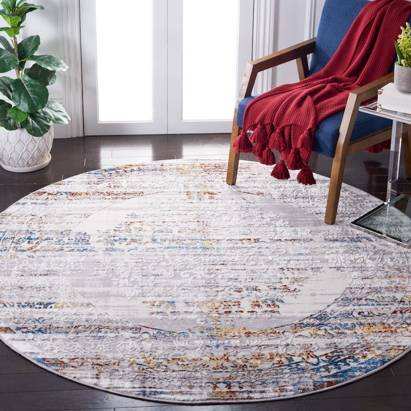 SAFAVIEH Amelia Ritienne Abstract Distressed Rug - 6'7" Round - Grey/Blue Gold
