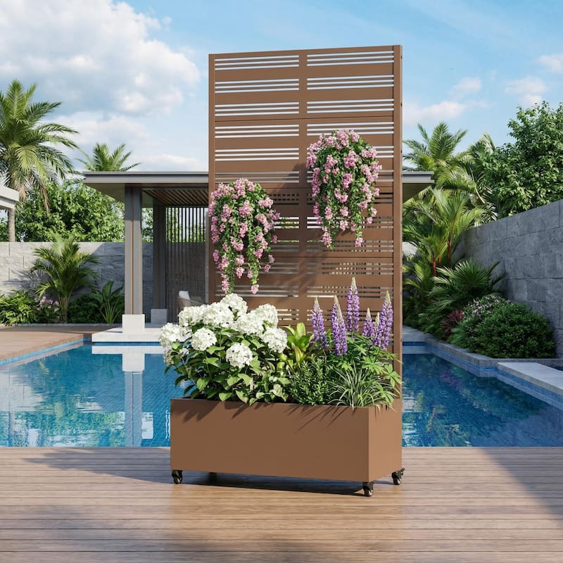 Outdoor Metal Galvanized Privacy Screen Planter Box with Trellis Lockable Wheels